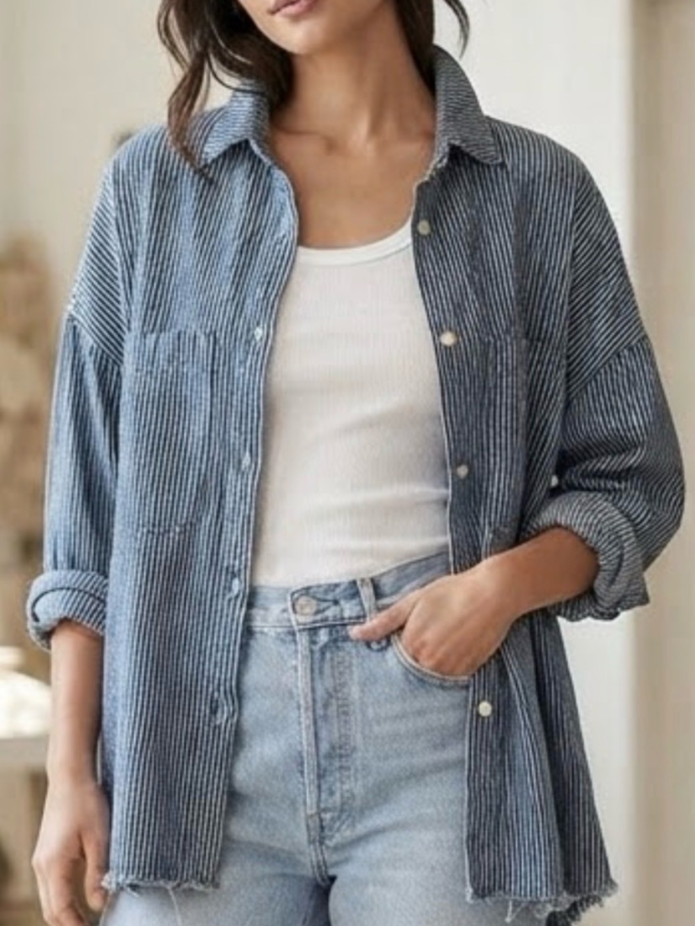 POL Blue & White Striped Oversized Shacket - Small Brand New OversizedFit